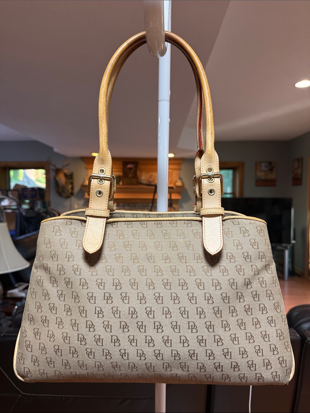 Dooney & Bourke Beige Vintage Monogram Shoulder Bag with Tan Trim